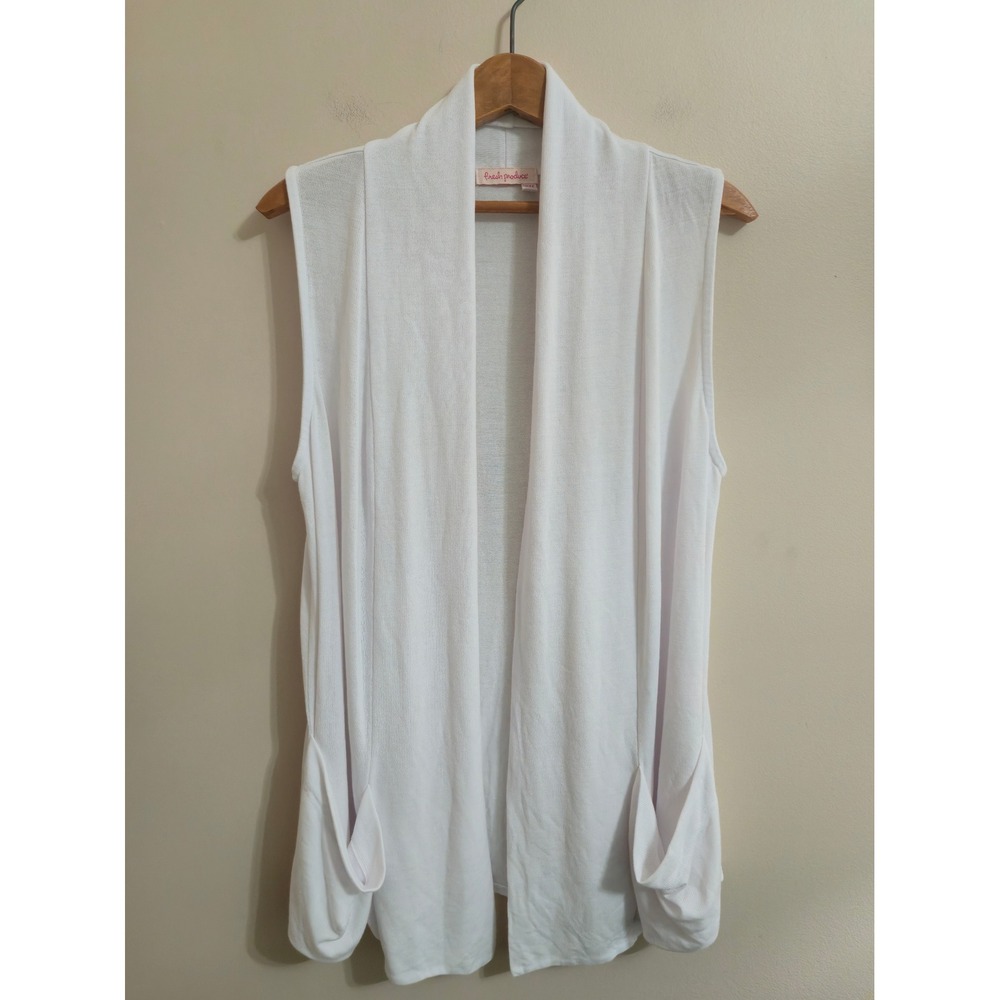 Fresh Produce Women White Open Front Vest Cardigan Shawl Collar Pockets MD/LG